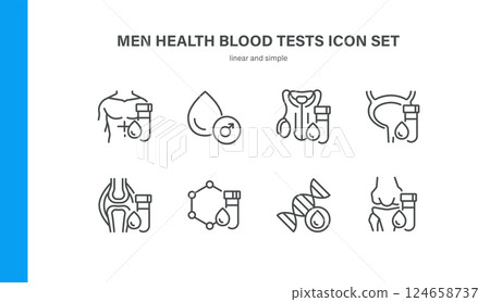 Mens Health Blood Tests Icons Set. Thin Line Symbols of Testosterone, Prostate, Kidney, DNA, Hormones, Muscles, Bones, Joint and Male Reproductive Panel 124658737