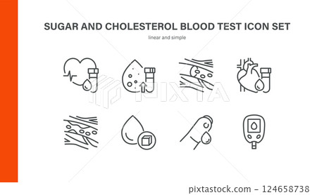 Sugar and Cholesterol Blood Test Icons Set. Linear Vector Symbols of Heart, Glucose, Veins, Arteries, Blood Cells, Fingerstick, Test Tube and Glucometer 124658738