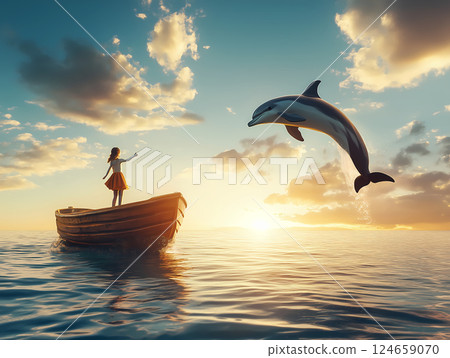 海豚躍過小船的少女 海豚躍過小船的少女 124659070