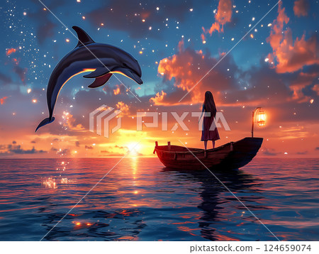 Dolphin jumps over girl in boat 124659074