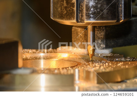 The hole drilling  process the brass material parts on NC milling machine by center drill tools. 124659101