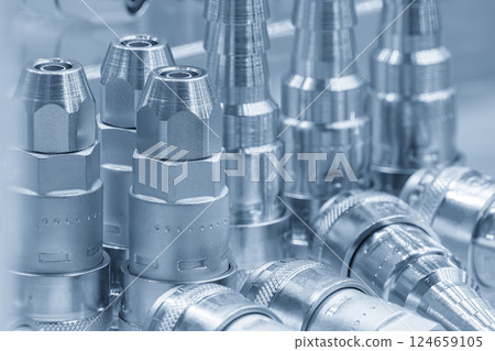 Close up scene the quick release coupling set in the light blue scene. Close up scene the quick release coupling set in the light blue scene. 124659105