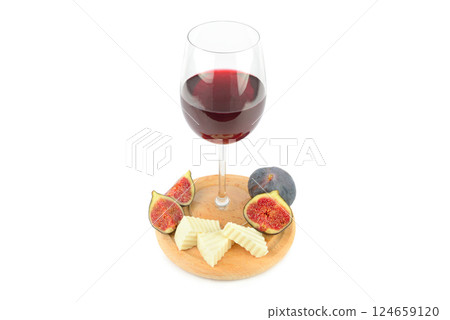 Glass of wine, cheese and fig fruit isolated on white. Glass of wine, cheese and fig fruit isolated on white. 124659120