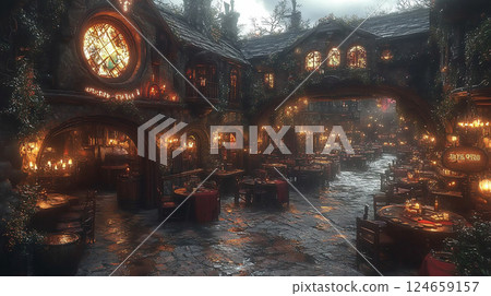 中世紀的石頭露天餐廳和被燈光包圍的奇幻街角 124659157