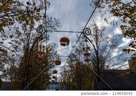 Traditional park decoration for Halloween with pumpkins Traditional park decoration for Halloween with pumpkins 124659242