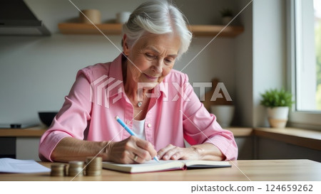 Senior Citizen Writing Income and Expenses in a Notebook for Budget Planning 124659262
