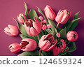 Beautiful bouquet of tulips on a pink background - Generative AI 124659324