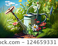 The Joy of Gardening - Watering Can in a Blooming Garden - Generative AI 124659331