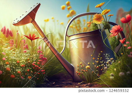 Garden Care and Maintenance - A Watering Can for Blooming Plants - Generative AI 124659332
