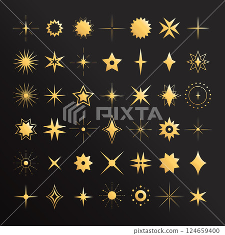 Golden celestial star symbols and sparkles in various shapes on dark background. Space design elements. Vector illustration 124659400