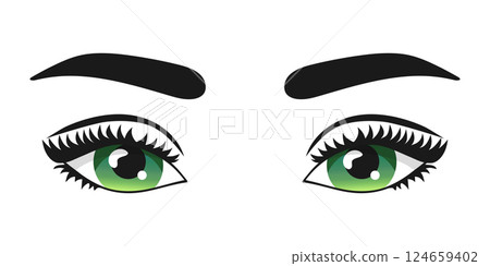 Beautiful green woman eyes with curled lashes and eyebrows isolated on white background. Vector illustration 124659402