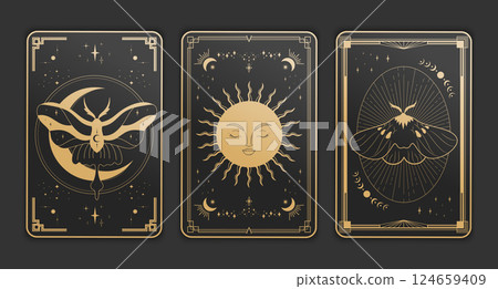 Magical esoteric Tarot card reverse side with butterflies and celestial elements. Tarot card border template design set. Vector illustration 124659409