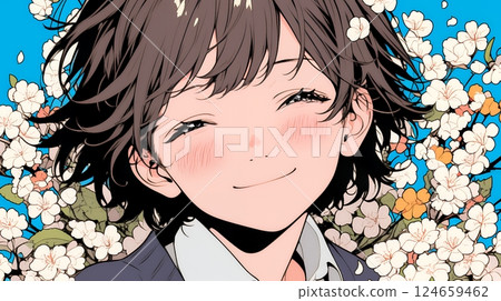 A young woman full of positive feelings and smiles: She naturally smiles and has a gentle expression when interacting with people. 124659462