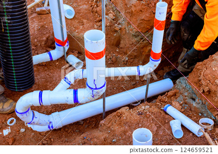 Workers laying out PVC wastewater pipes for an underground drainage system in freshly dug trench. Workers laying out PVC wastewater pipes for an underground drainage system in freshly dug trench. 124659521