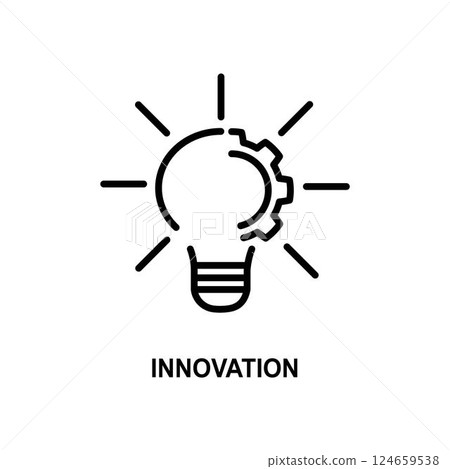 Technology process with thin line bulb and gear. linear trend modern graphic stroke design cogwheel logotype web element isolated on white. concept of power management badge or development vision sign Technology process with thin line bulb and gear. linear trend modern graphic stroke design cogwheel logotype web element isolated on white. concept of power management badge or development vision sign 124659538