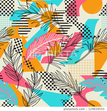 Abstract floral background with palm leaves seamless pattern. matisse style. Vector illustration 124659543