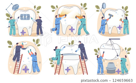 Oral care and dentistry vector icons set. Sign of dental procedures including whitening, cavity filling, root canal, braces, implants, and gum treatment. Tooth health and hygiene. Teeth maintenance. 124659663