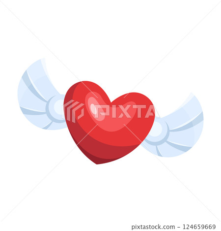 Vector flying heart with wings for Valentines Day. Romantic symbol of love and passion. Element for romance and passion, marriage and honeymoon celebration, heartfelt amorous gift. Sentimental. Vector flying heart with wings for Valentines Day. Romantic symbol of love and passion. Element for romance and passion, marriage and honeymoon celebration, heartfelt amorous gift. Sentimental. 124659669