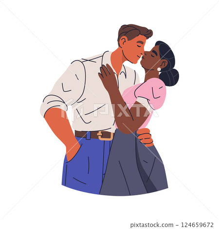 Vector multicultural kissing couple. Loving pair kiss clipart. Affection and passion, intimacy and lover illustration for Valentines Day or loving relationship. Tender and connection, togetherness. 124659672