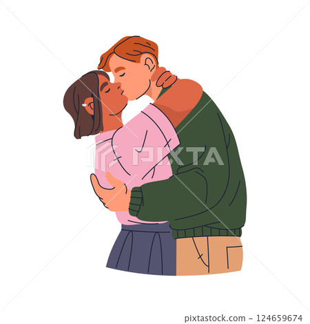 Teenager couple kissing. Vector illustration of romantic and passionate pair kiss. Emotion and love expression. People lover. Man and woman intimacy and relationships. Unity and bonding, affection. 124659674