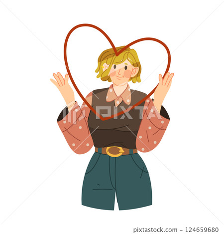 Woman with glass heart, vector image or clipart. Lady holds heart shape border in hands. Sign of confession of love, giving a valentine or Valentines day greeting. Sympathy or friendship heart symbol. Woman with glass heart, vector image or clipart. Lady holds heart shape border in hands. Sign of confession of love, giving a valentine or Valentines day greeting. Sympathy or friendship heart symbol. 124659680