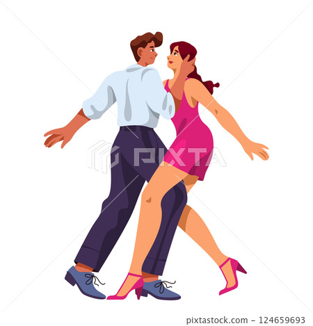 Man and woman dancing bachata. Vector latin dance couple showing rhythmic steps and dynamic movement. Romantic and passion, sensual choreography. Entertainment and music, rhythm and social motion. 124659693