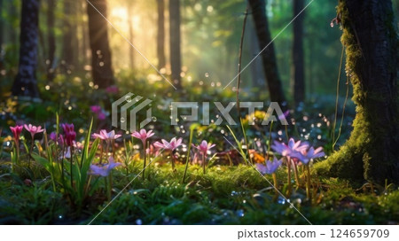 Beautiful firefly in the night at nature forest. Spring banner, spring update concept 124659709