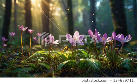 Beautiful firefly in the night at nature forest. Spring banner, spring update concept 124659711