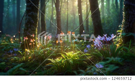 Beautiful firefly in the night at nature forest. Spring banner, spring update concept Beautiful firefly in the night at nature forest. Spring banner, spring update concept 124659712
