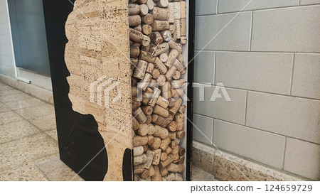 Cork storage box in a school in Portugal. Concept of ecology and recycling of recyclable, ecological materials, education 124659729