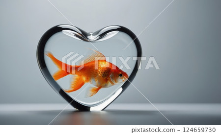 Goldfish Inside a Heart-Shaped Glass Bowl on a Gray Background Goldfish Inside a Heart-Shaped Glass Bowl on a Gray Background 124659730