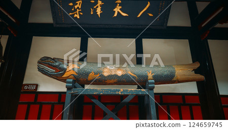 Chengdu, Sichuan, China. Big Wooden Fish In Wenshu Monastery. Wenshu Temple Is Ancient Buddhist Temple. Old Carving Wooden Salmon. National Treasures Of China Chengdu, Sichuan, China. Big Wooden Fish In Wenshu Monastery. Wenshu Temple Is Ancient Buddhist Temple. Old Carving Wooden Salmon. National Treasures Of China 124659745