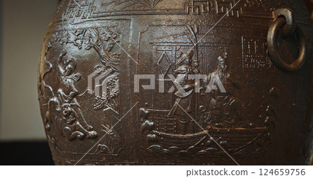 Chengdu, Sichuan, China. Ornate Iron Pot And Liu Bei Statue In Mausoleum Of Liu Bei, Wuhou Memorial, Three Kingdoms Temple. Engraving On Bronze Incense Burial Pot In Mausoleum. Depicts Scene Of Chengdu, Sichuan, China. Ornate Iron Pot And Liu Bei Statue In Mausoleum Of Liu Bei, Wuhou Memorial, Three Kingdoms Temple. Engraving On Bronze Incense Burial Pot In Mausoleum. Depicts Scene Of 124659756