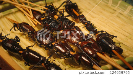 Chengdu, Sichuan, China. Fried Bugs. Cooked Insects Thread On Skewers. Popular Snacks In Southeast Asia. New Source Of Protein , Lipids, Minerals, And Vitamins. Modern Food Concept. Fried Insects Chengdu, Sichuan, China. Fried Bugs. Cooked Insects Thread On Skewers. Popular Snacks In Southeast Asia. New Source Of Protein , Lipids, Minerals, And Vitamins. Modern Food Concept. Fried Insects 124659765