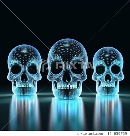 A group of multi-colored skulls on a black background. A group of colorful skulls and their reflections visually contrast with the dark surroundings. AI generated. A group of multi-colored skulls on a black background. A group of colorful skulls and their reflections visually contrast with the dark surroundings. AI generated. 124659769