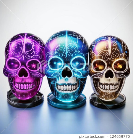A group of multi-colored skulls on a black background. A group of colorful skulls and their reflections visually contrast with the dark surroundings. AI generated. A group of multi-colored skulls on a black background. A group of colorful skulls and their reflections visually contrast with the dark surroundings. AI generated. 124659770