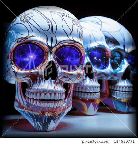 A group of multi-colored skulls on a black background. A group of colorful skulls and their reflections visually contrast with the dark surroundings. AI generated. A group of multi-colored skulls on a black background. A group of colorful skulls and their reflections visually contrast with the dark surroundings. AI generated. 124659771