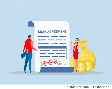 Money loan agreement in front of a bank employee,Businessman with loan agreement and money bag,bank, mortgage,debt or obligation to pay back interest rate,financial concept vector 124659833
