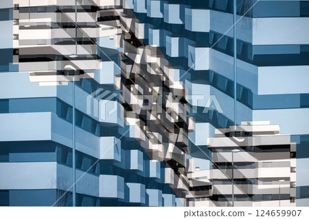 Abstract Symmetrical Design with Futuristic Geometric Patterns, Mirrored Technological Background with Sleek Fractal Aesthetics 124659907