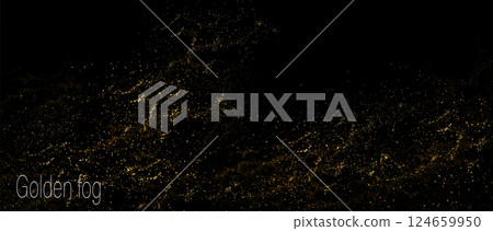 Illustration with isolated abstract golden chaotic tinsel pattern on black background 124659950