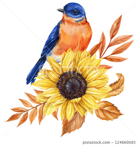Watercolor orange bird with sunflower autumn leaves. floral illustration fall seasonal greeting card, design decoration 124660085