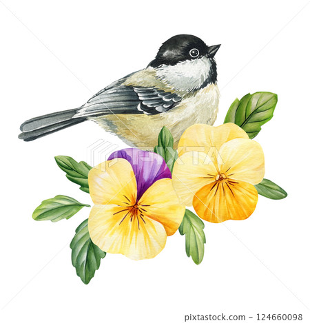 watercolor bird with yellow and purple flowers, green leaves isolated illustration for autumn botanical seasonal design 124660098