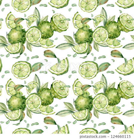 Bright citrus seamless pattern isolated. Watercolor bergamot and lime segments hand drawn with artistic foliage on a repeating texture. Ideal for textiles, wrapping paper, and kitchen decor. 124660115