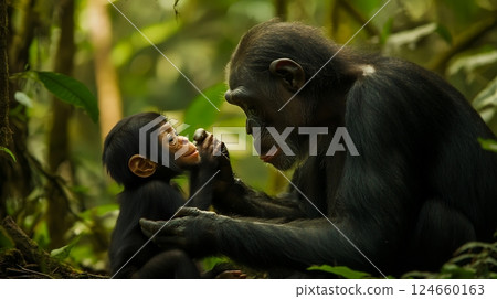 A chimpanzee gently interacts with its baby in a lush forest, capturing a heartwarming moment of maternal care 124660163