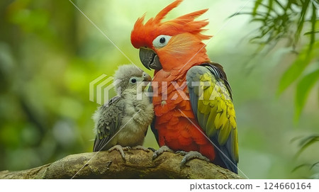 A colorful parrot lovingly nuzzles its chick on a branch in a lush green forest, showcasing vibrant birdlife A colorful parrot lovingly nuzzles its chick on a branch in a lush green forest, showcasing vibrant birdlife 124660164