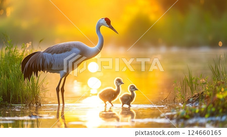 A graceful crane with its chicks wading in bright sunlight at sunrise, set in a peaceful wetland environment 124660165