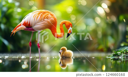 A flamingo elegantly stands over its fluffy chick in a sunlit wetland, reflecting the beauty of avian family life 124660168