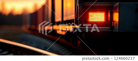 A freight train's illuminated rear light glows brightly at sunset, highlighting the industrial strength of the railway 124660237