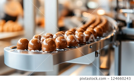 Chocolate candies move along a conveyor belt in a confectionery factory 124660243