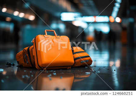 Two bright orange suitcases lie on a dark, reflective floor in a blurred airport terminal 124660251